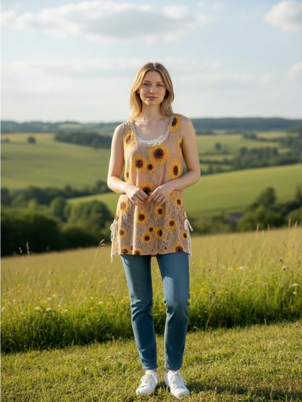 Origami New Sunflower Print Sleeveless Tunic Top